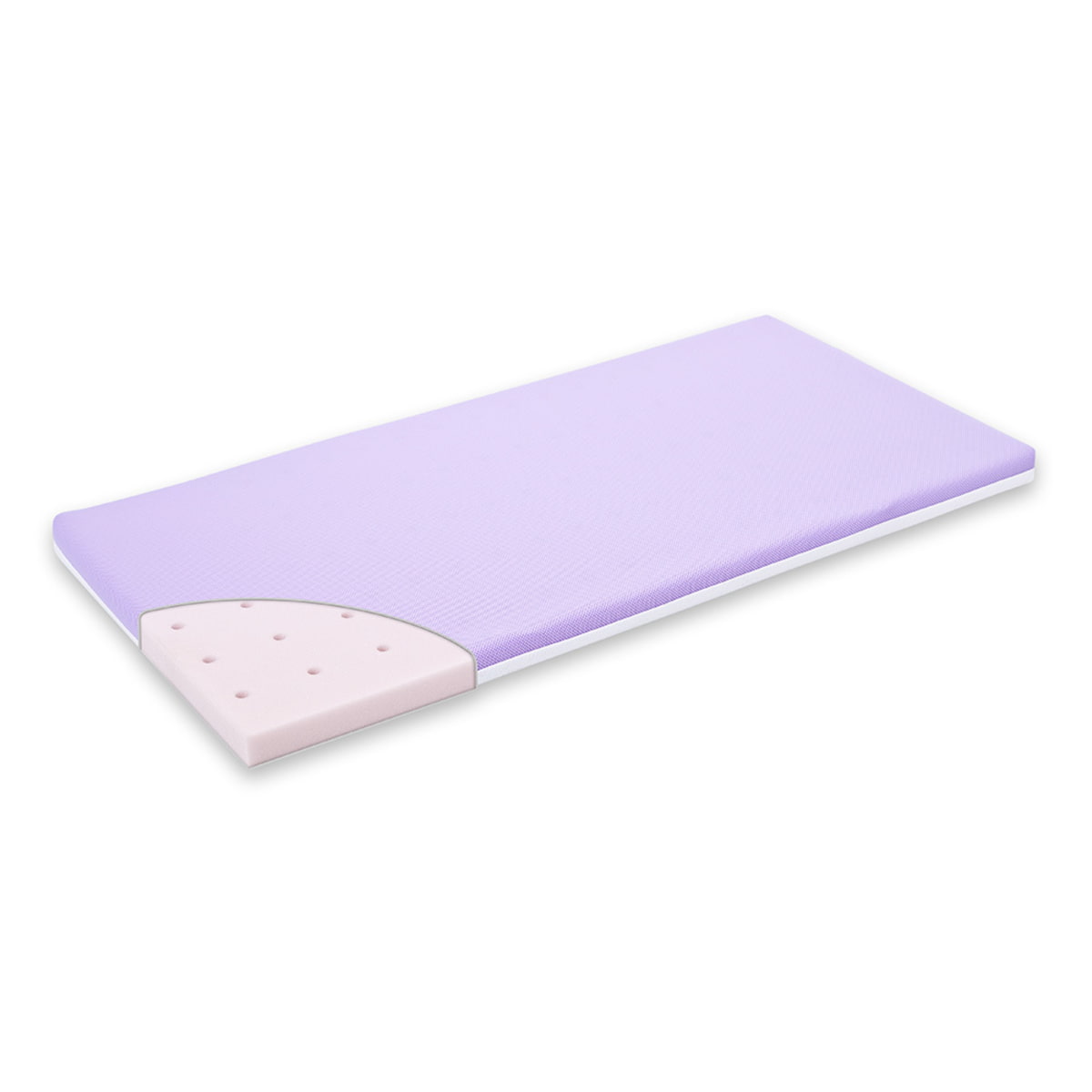 Travel bed mattress with a core out of soft foam and with 3D air-cushion-layer material in the cover