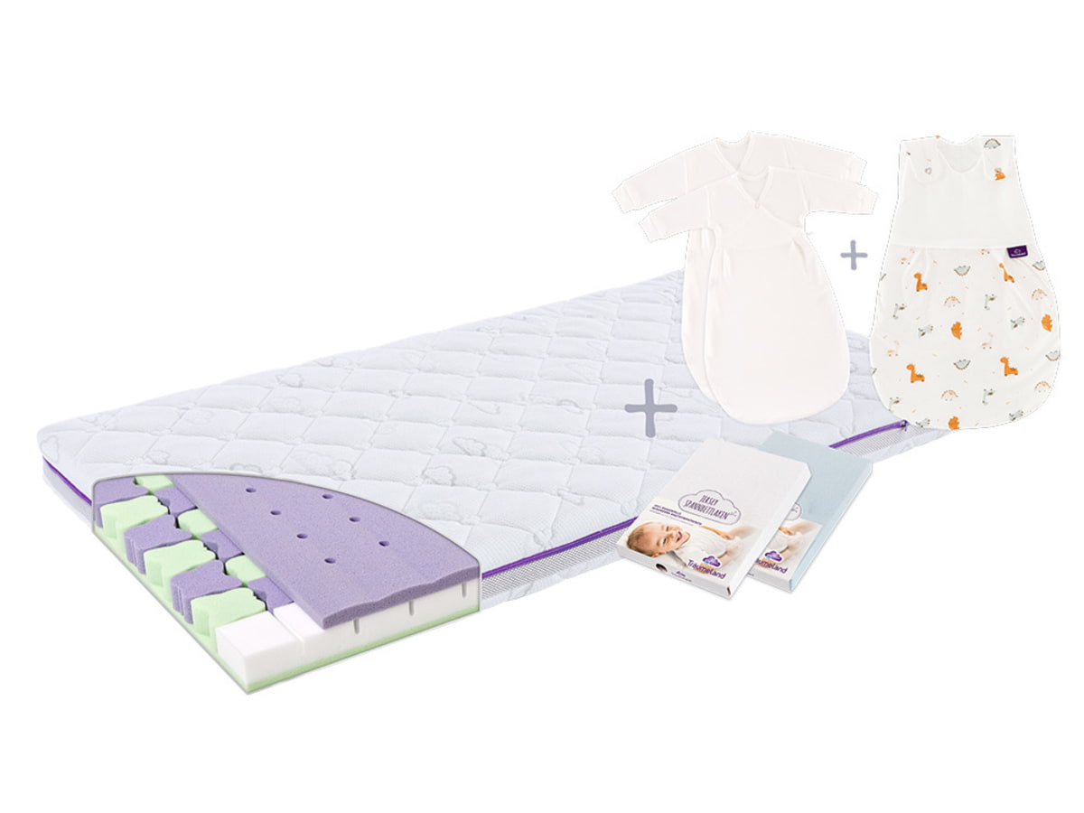 Willkommenspaket für Jungen mit Butterfly Premium Babymatratze Schlafsack und Spannbetttücher Jersey weiß und blau