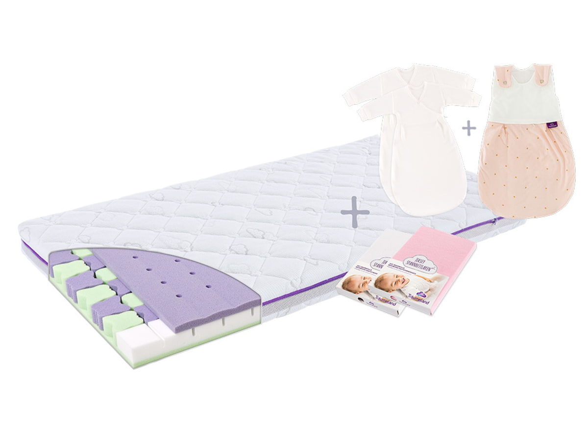 Willkommenspaket für Mädchen mit Butterfly Premium Babymatratze Schlafsack und Spannbetttücher Jersey weiß und rosa