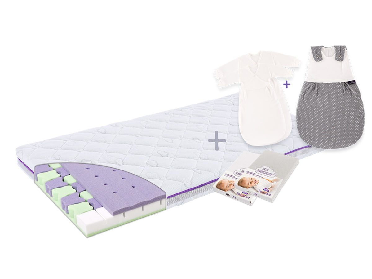 Träumeland Willkommenspaket Unisex mit Premium Matratze Butterfly Schlafsack und Spannbettlaken Jersey weiß und grau