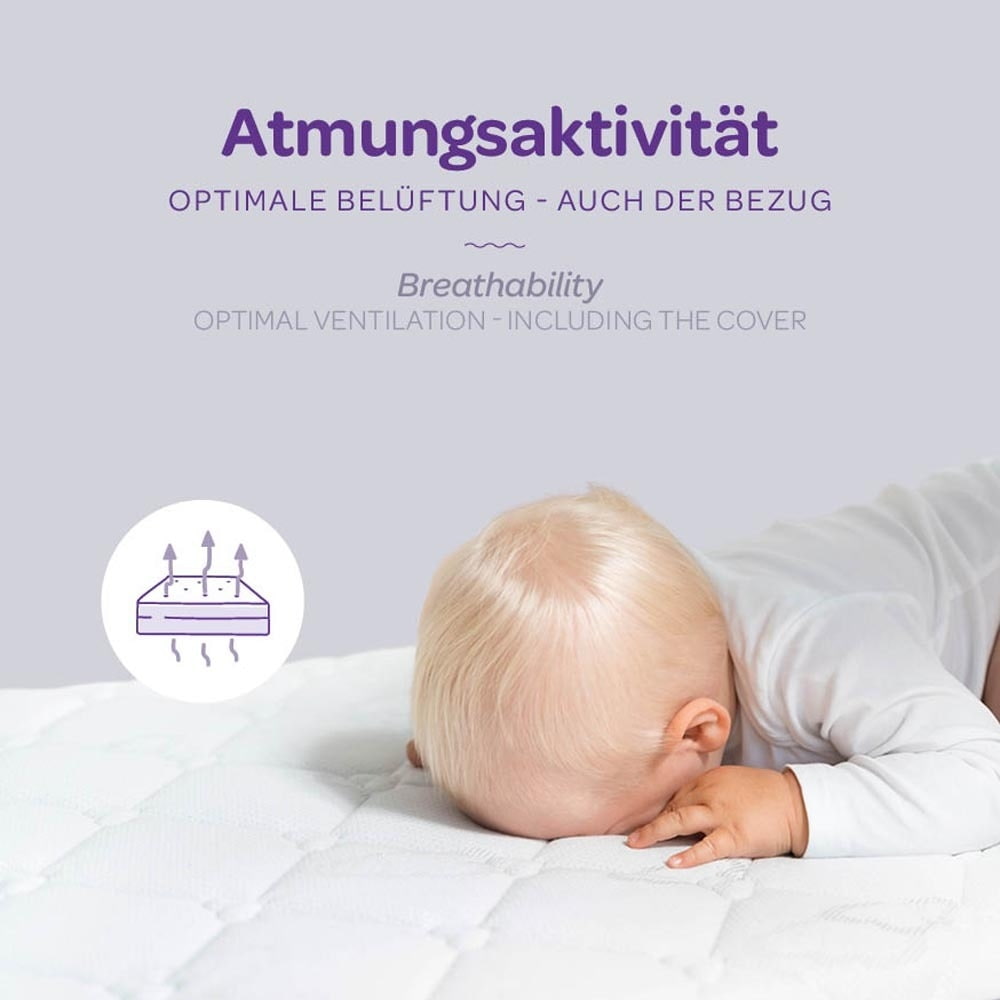 Kindermatratze atmungsaktiv, Matratze mit Baby auf Kindermatratze