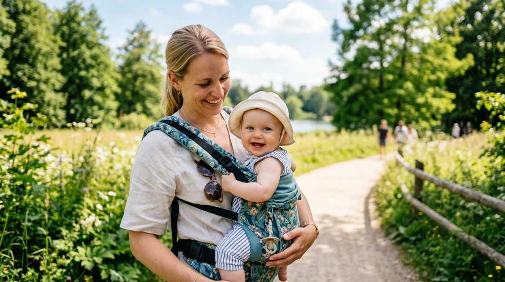 Baby mit Sonnenhut in Trage Baby in Trage im Sommer mit Sonnenhut